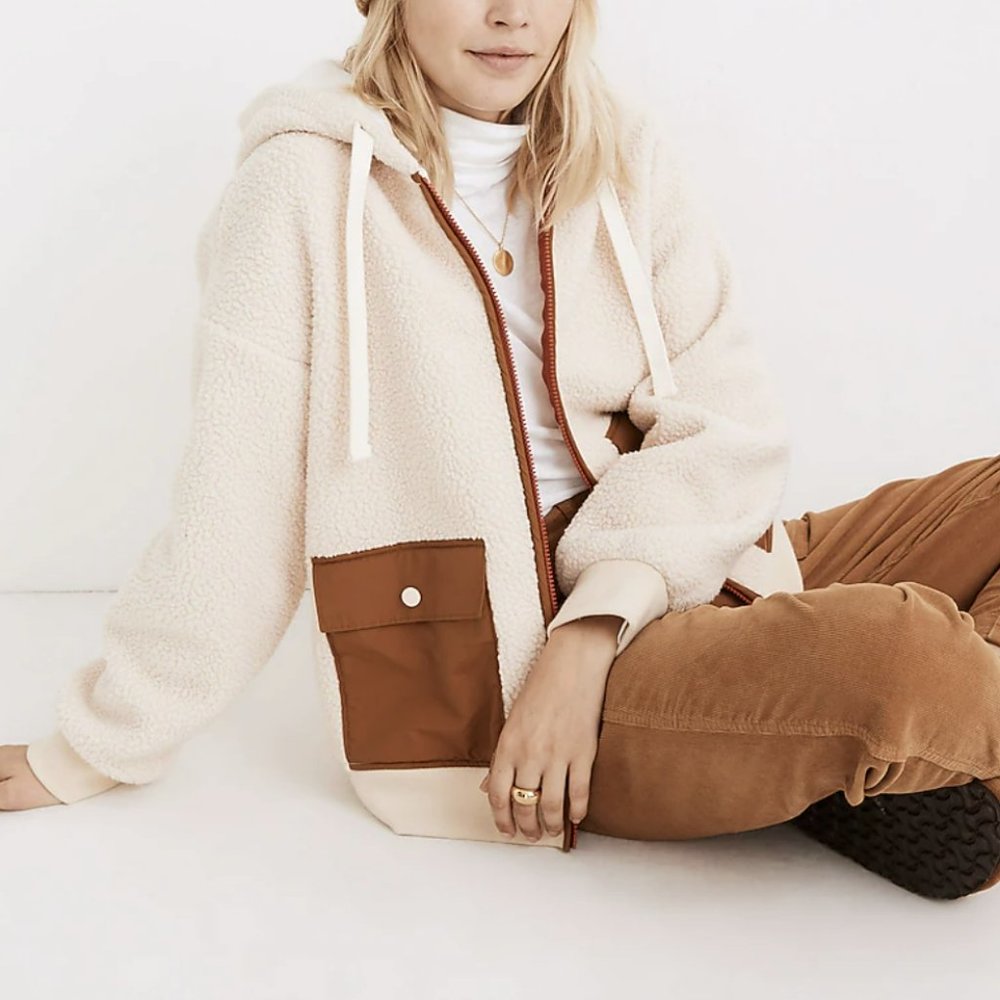 MADEWELL IVORY BROWN (RE)SOURCED FLEECE HOODED ZIP JACKET - Picture 2 of 5